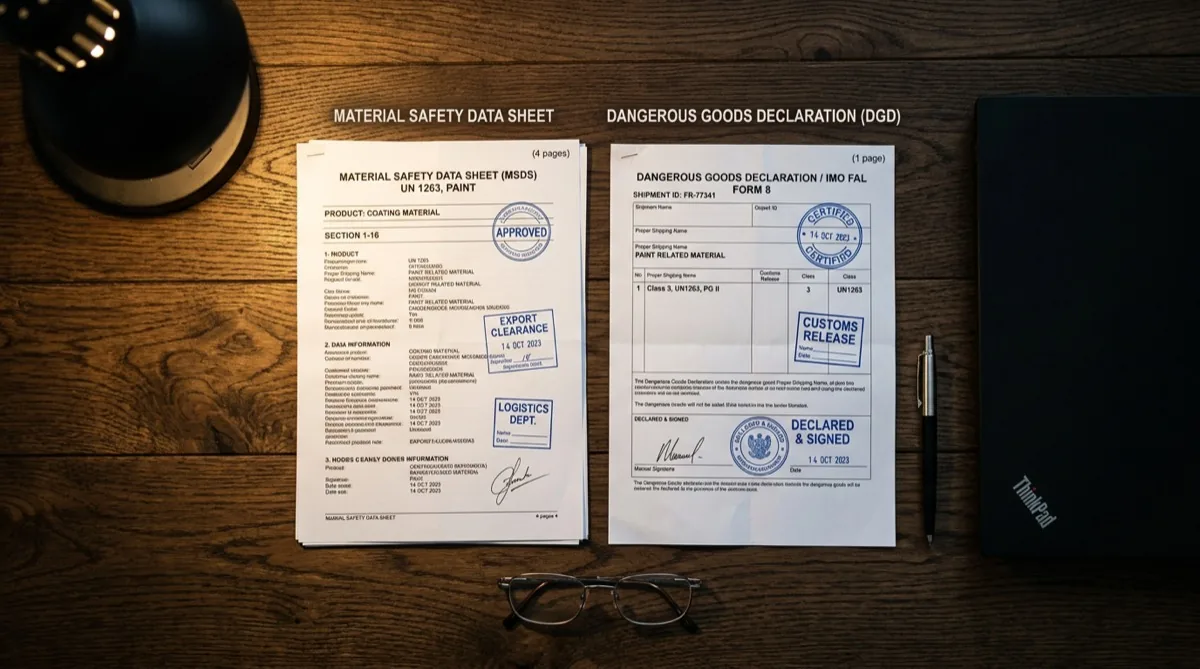 Документы MSDS и Dangerous Goods Declaration (DGD) с печатями и штампами